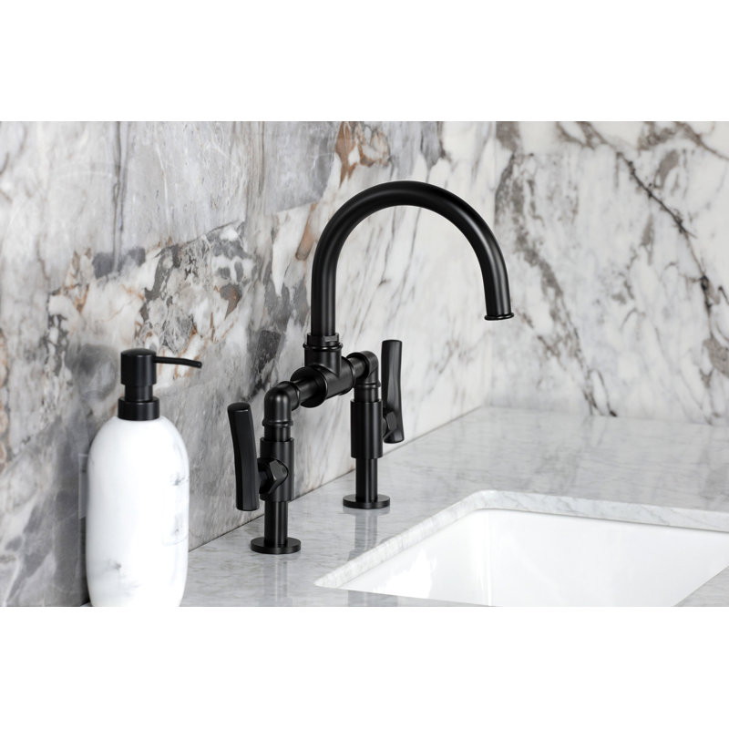 Kingston Brass Hallerbos Two-Handle 4-Hole Deck Mount Bridge Bathroom Faucet with Brass Pop-Up Drain, Matte Black