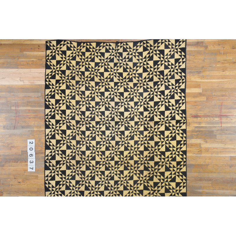 Antique Black Allover Geometric Needlework Quilt 1920s Wool Rug