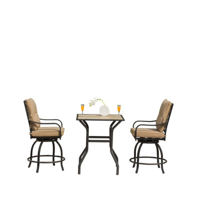 Ensemble de bar d'extérieur 3 pièces avec tabourets pivotants et table bistro carrée Outdoor Living - Meubles en métal kaki rembourrés pour terrasse