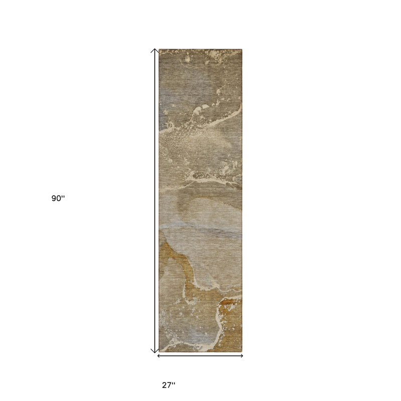 Tapis de couloir d'extérieur à motif abstrait beige et doré 2 pi x 8 pi