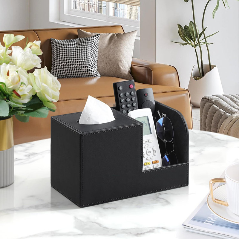 PU Leather Tissue Box Cover Rectangular with Storage Organizer
