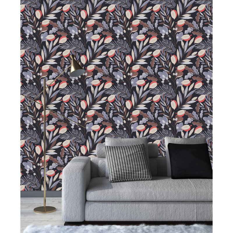Papier peint feuilles avec baies et fruits, L 124,8 po x l 25 po