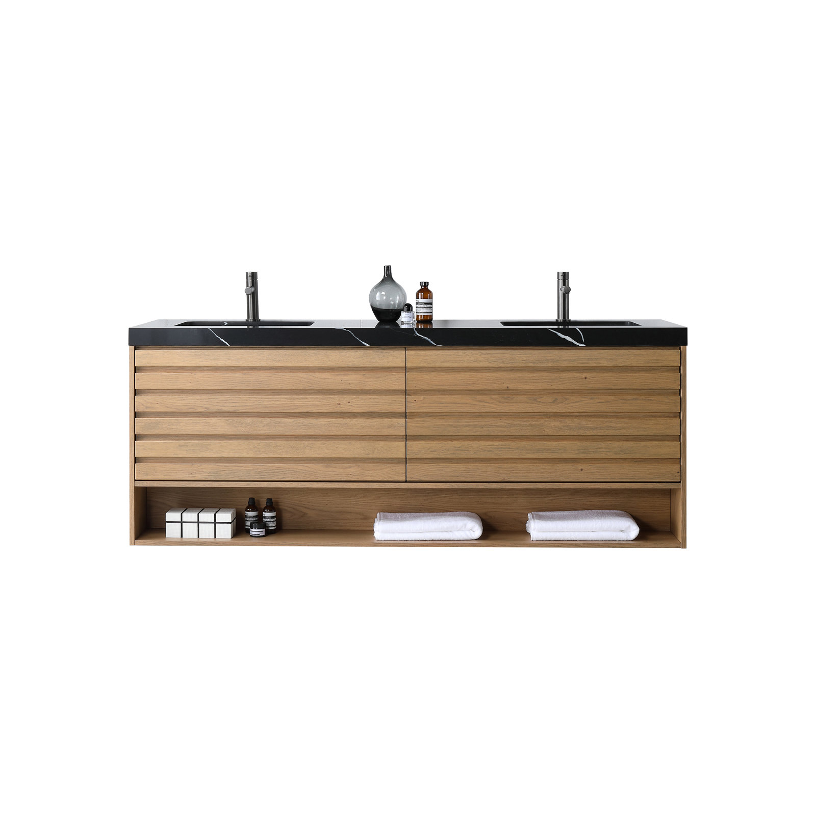 Maumelle 72" Cedar Double Bathroom Vanity, Black, Pecan Oak