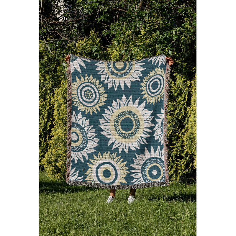 Jeté en coton Frannie Sunflowers, Bleu sarcelle, 60 x 60