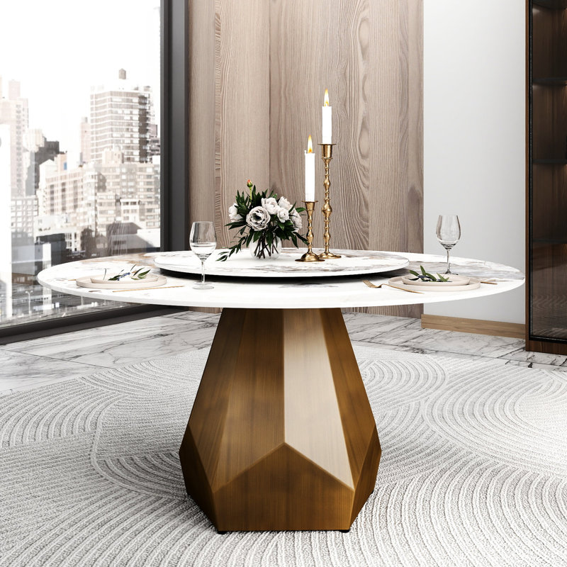 Table ronde de 59,33 po en pierre frittée avec base en métal, disque rotatif blanc de 31,5 po, 6 à 8 sièges, table de salle à manger moderne en laiton antique, rotative