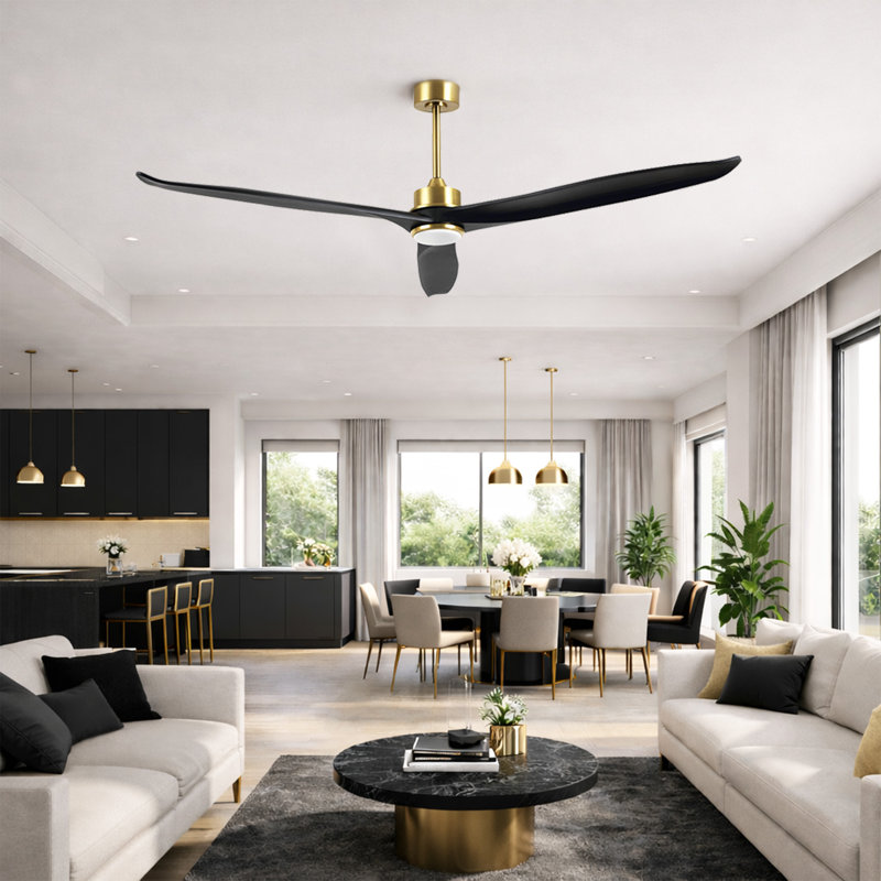 72" Solid Wood 3-Blade Propeller Ceiling Fan With LED Light and Remote Control, Black
