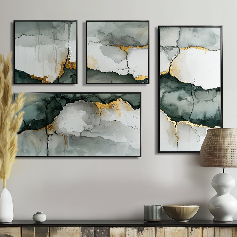 «White and Grey Fragmented Silence Of Perception II», art mural abstrait 4 pièces, Noir