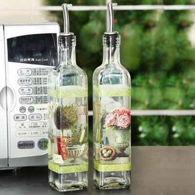 Olive Oil Bottle Set Glass Dispenser Vinegar Cruet 17oz. with Stainless Steel Leak Proof Pourer Spout for Cooking or Salad Dressing, 2 Pack, Green