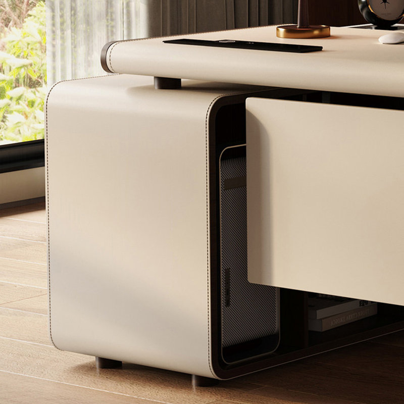 Bureau de direction en L crème avec dessus en similicuir et armoire de rangement gauche, H 29,53 po x l 70,87 po x P 23,62 po