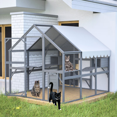 Outdoor Cat Enclosure With Wooden , 82 Inch Expanse, 2 Bridges, 5 Walking Paths, Cozy Resting Areas For Cats Spacious House Suspension Houses, Predator-