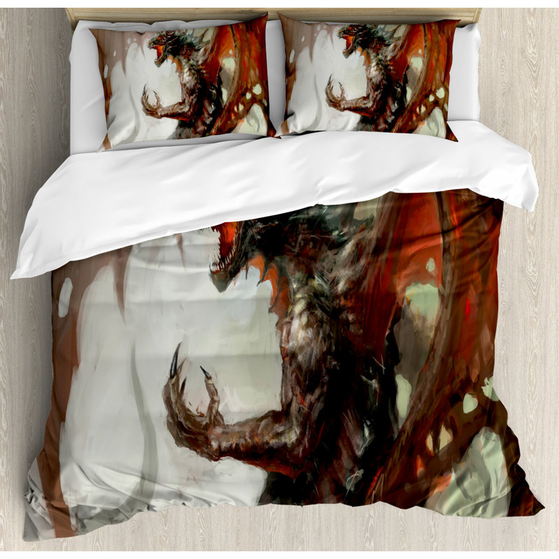 King Size Grey Red Dragon Mythological Duvet Cover Set