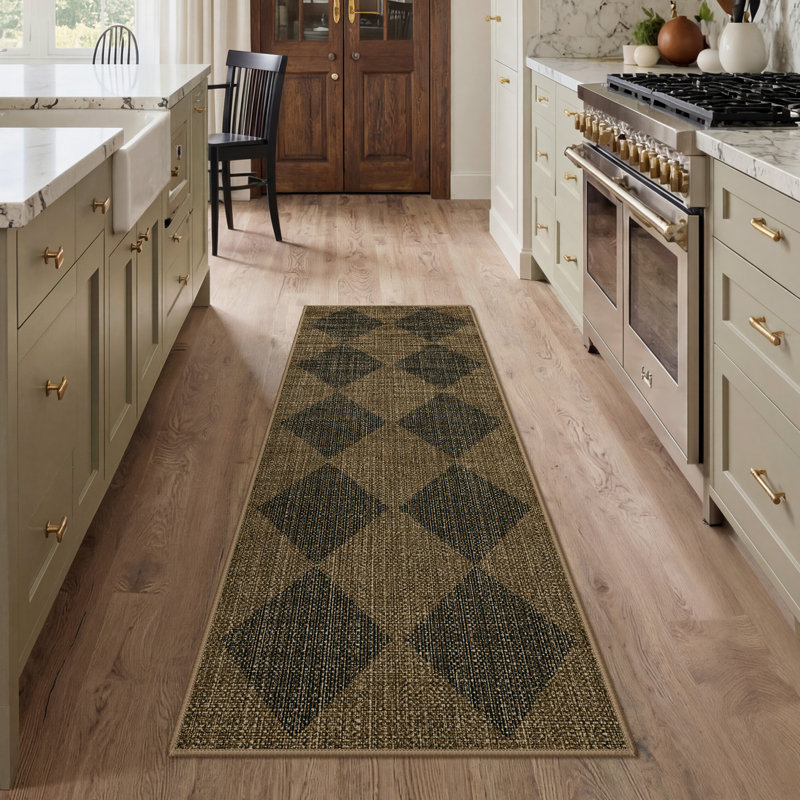 Checkered 2x6 Runner Rug Machine Washable Non Slip Woven Plaid Carpet, Geometric Diamond Non Shedding Low Pile Modern Farmhouse Hallway Runner for Kitchen, Laundry, Corridor