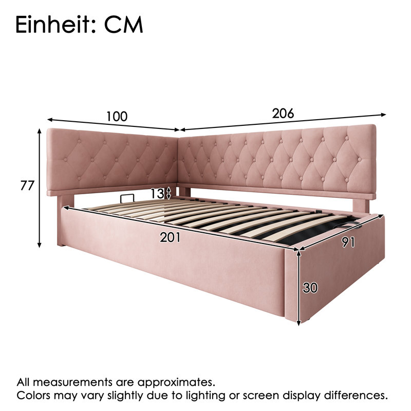 3ft Storage Bed Daybed Velvet, Pink