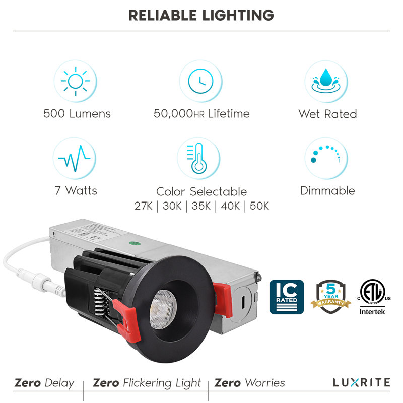 2.36" Ultra Slim Selectable CCT New Construction IC LED Canless Recessed Lighting Kit, Black
