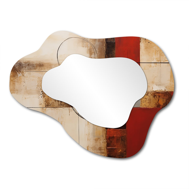 Cubist Red Beige Colorfields - Abstract Collages Cloud Large Wall Mirror, Modern Asymmetrical Unique Mirror, Printed Metal Art