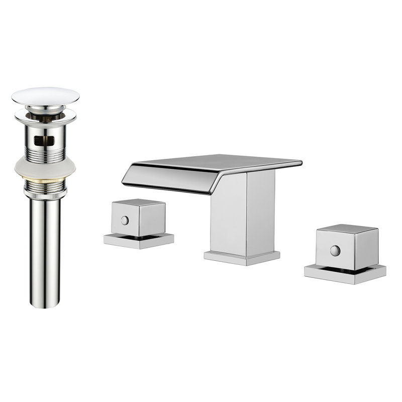 Solid Brass Two Handle Waterfall Widespread Bathroom Sink Faucet with Drain Assembly, Polish Chrome