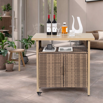 Outdoor Wicker Patio Bar Cart, Wine Serving Cart With Wheels, Rolling Rattan Beverage Bar Counter Table With Glass Top For Porch Backyard Garden Pools by Latitude Run