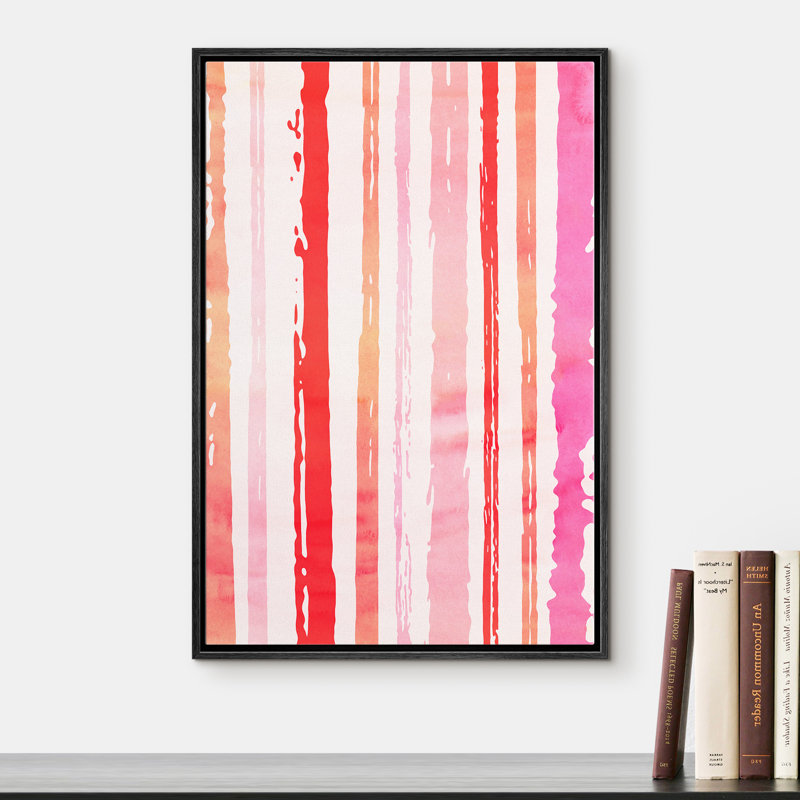 «Signature», reproduction d'art sur toile encadrée, rouge, rose et orange, peinture, rayures, formes abstraites, illustrations, art moderne, bohème, coloré, ultra pour le salon, la chambre à coucher, le bureau - 24 po x 36 po, naturel