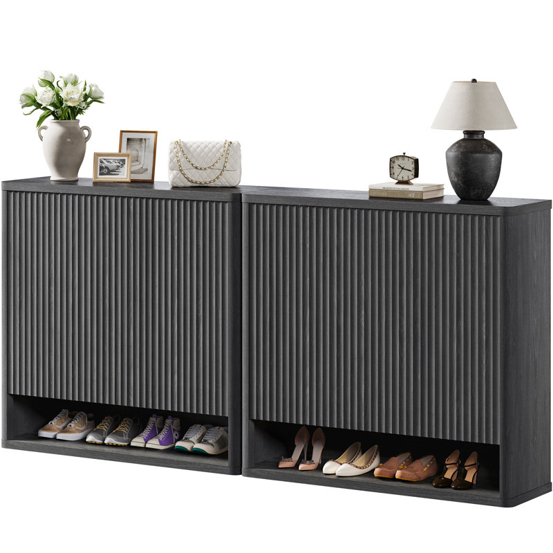 Cesiro 3 - Door Fluted Shoe Cabinet With Adjustable Shelves And Open - Bottom Access, Dark Gray Alder