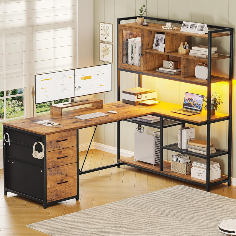 Barbarino Modular L-Shaped Iron Computer Desk, Rustic Brown