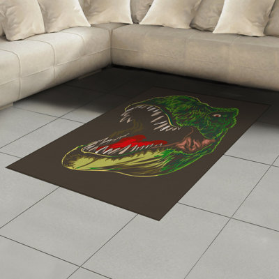 Ambesonne Dinosaur Area Rug, Aggressive Wild T-Rex Head Colourful Hand Drawn Style Jurassic Period, Flat Woven Accent Rug For Living Room Bedroom Dining Room, 4' X 5.7' , Dark Brown Fern Green