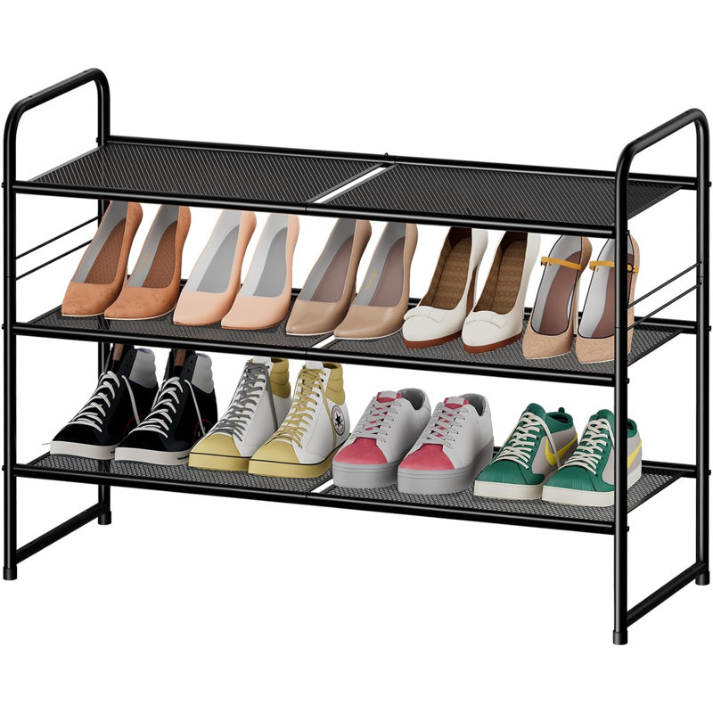 32'' Wide 3-Tier Metal Mesh Shoe Rack for Closet, Stackable and Adjustable, Good for High Heels, Black