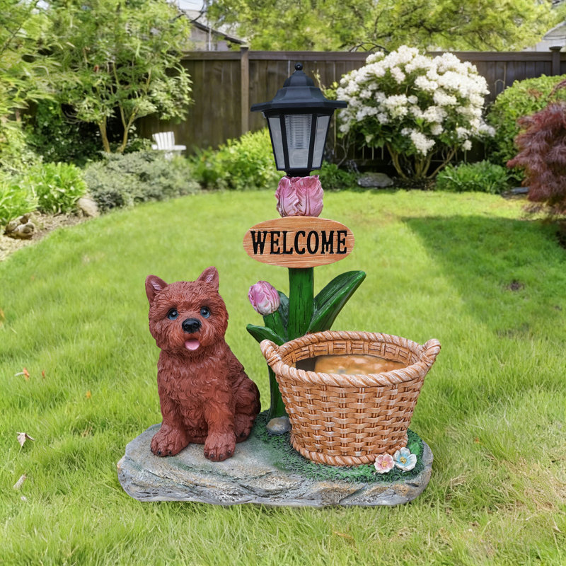 Statue de chiot brun en résine avec lumière solaire et jardinière
