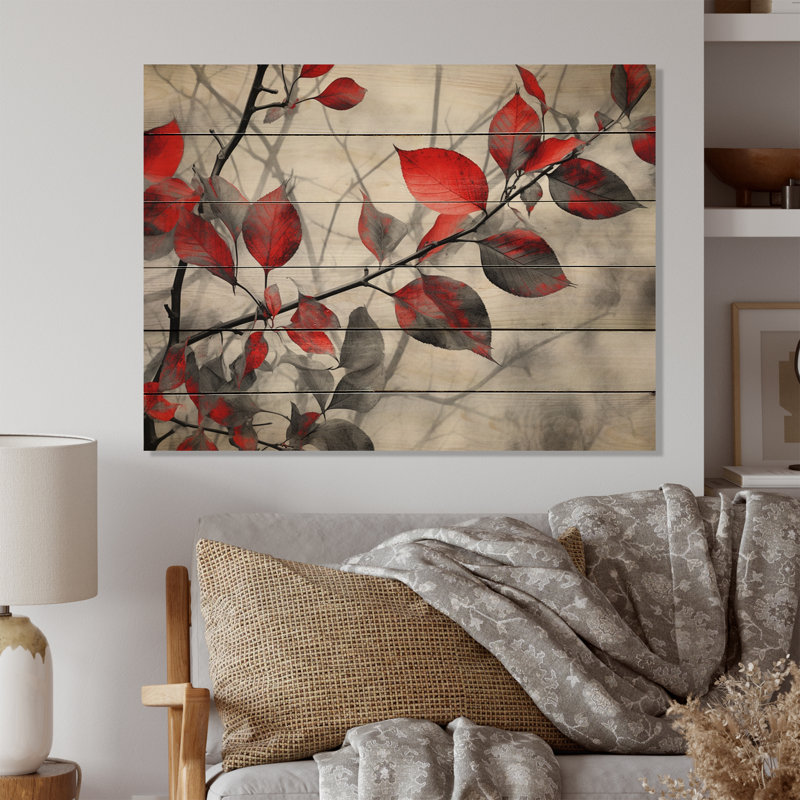 Feuilles rouges et grises sur un arbre IV sur bois, H 10 po x l 20 po x P 0,78 po