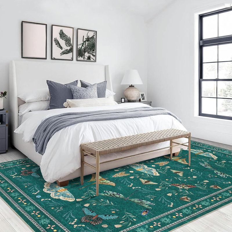 Insect Machine Washable Soft Area Rug for Living Room, Low Pile Non-Slip, Under Bed, Thin, 2'x6' Black Farmhouse Style.