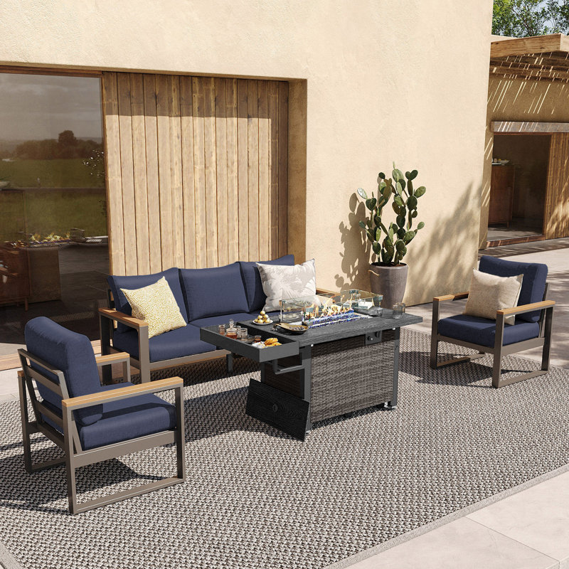 4 Pieces Aluminum Outdoor Patio Furniture Set With 52 Inch Fire Pit Table, Blue