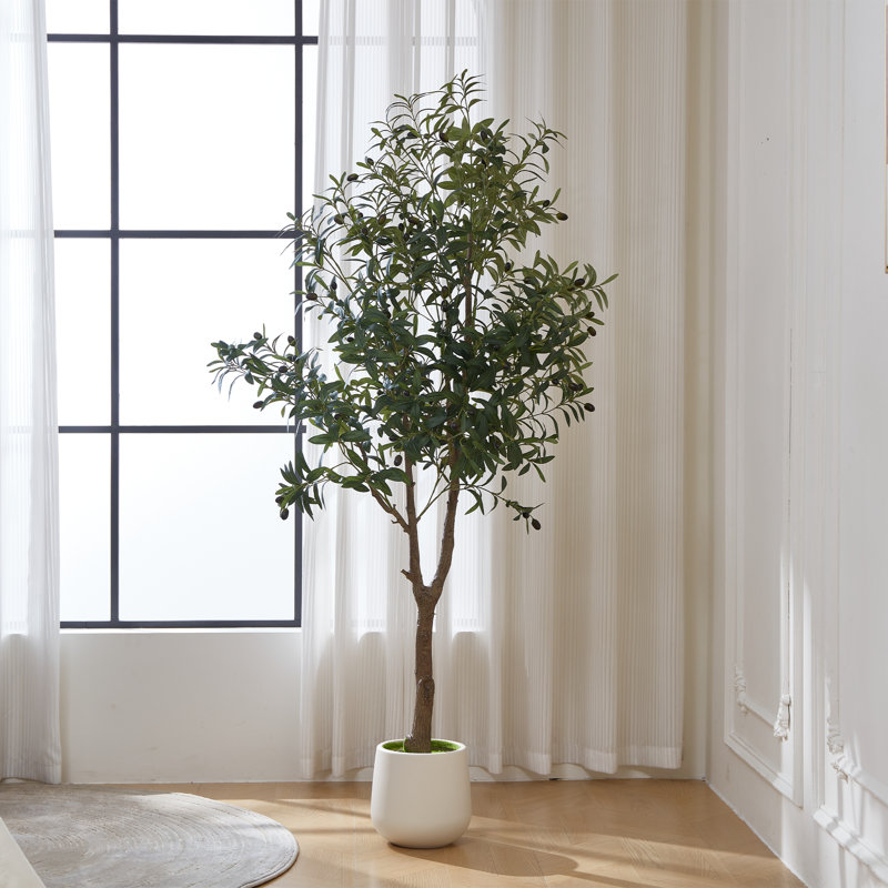 6FT Artificial Olive Tree in White Planter, Realistic Faux Indoor Plant for Living Room, Entryway & Office Decor, White