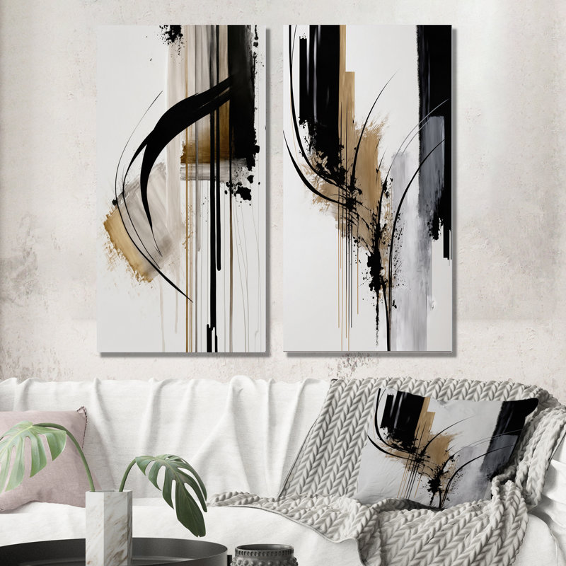 Noir, blanc et or Expression I - ensemble d'art mural abstrait de 2 pièces, Toile tendue, H 20 po x l 24 po