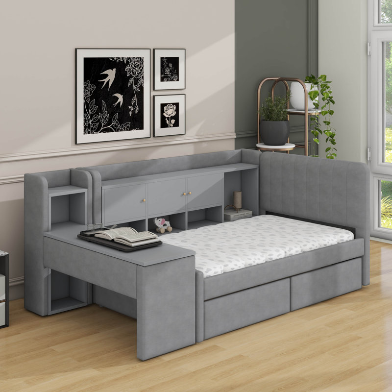 Lit de jour simple tapissier avec tiroirs, tablettes, armoires rabattables et table d'appoint, Gris