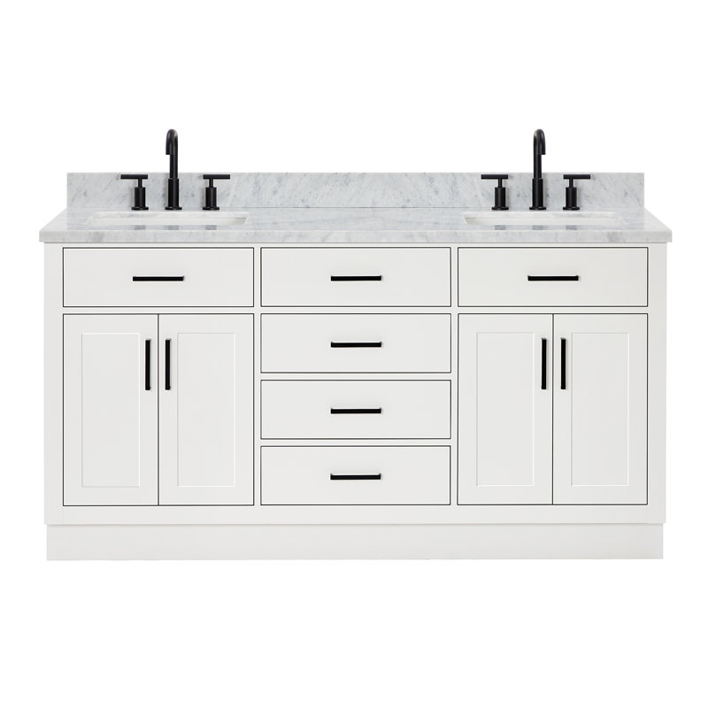 Tidworth Solid Wood Double Bathroom Vanity with 1.5'' Carrara Marble Top, Rectangular, White, 67"