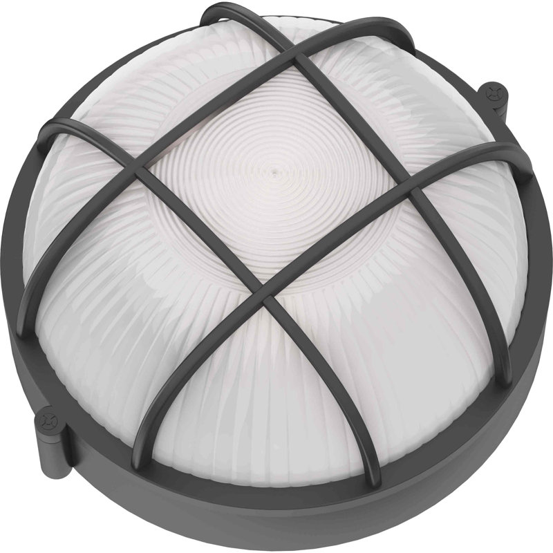 1-Light Outdoor Cast Aluminum Black Caged Bulkhead Light Wall Mount Wall Sconce with Frosted Ribbed Glass