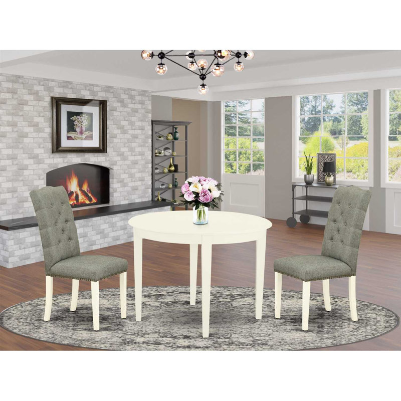 3 Piece Dining Table Set for Small Spaces Contains a Round Kitchen Table and 2 Gray Linen Fabric Upholstered Parson Chairs, Linen White
