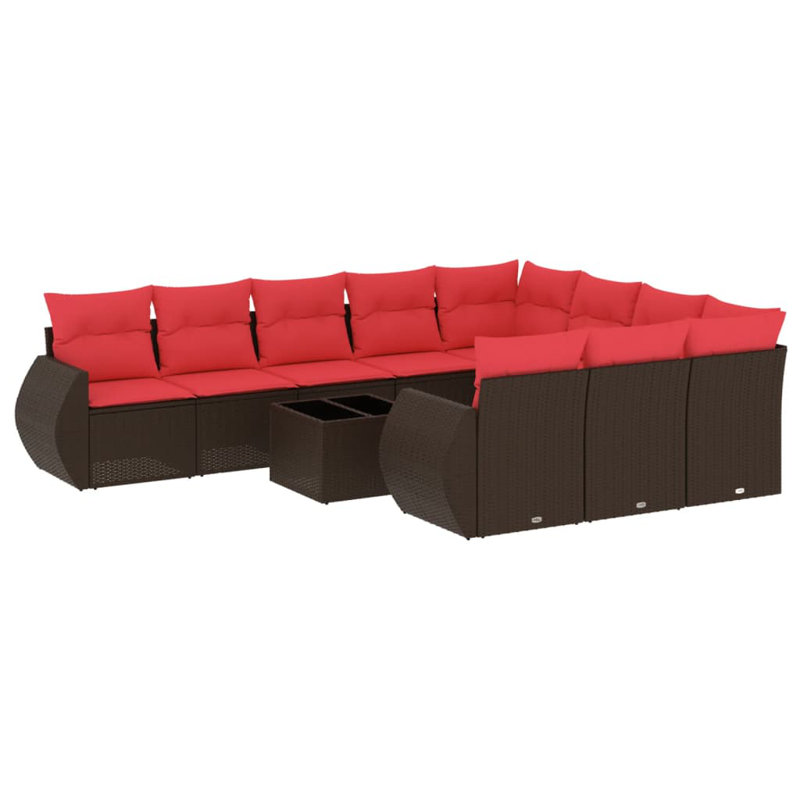Ensemble de canapé de patio 11 pièces avec coussins en rotin de polyester, Rouge, Brun