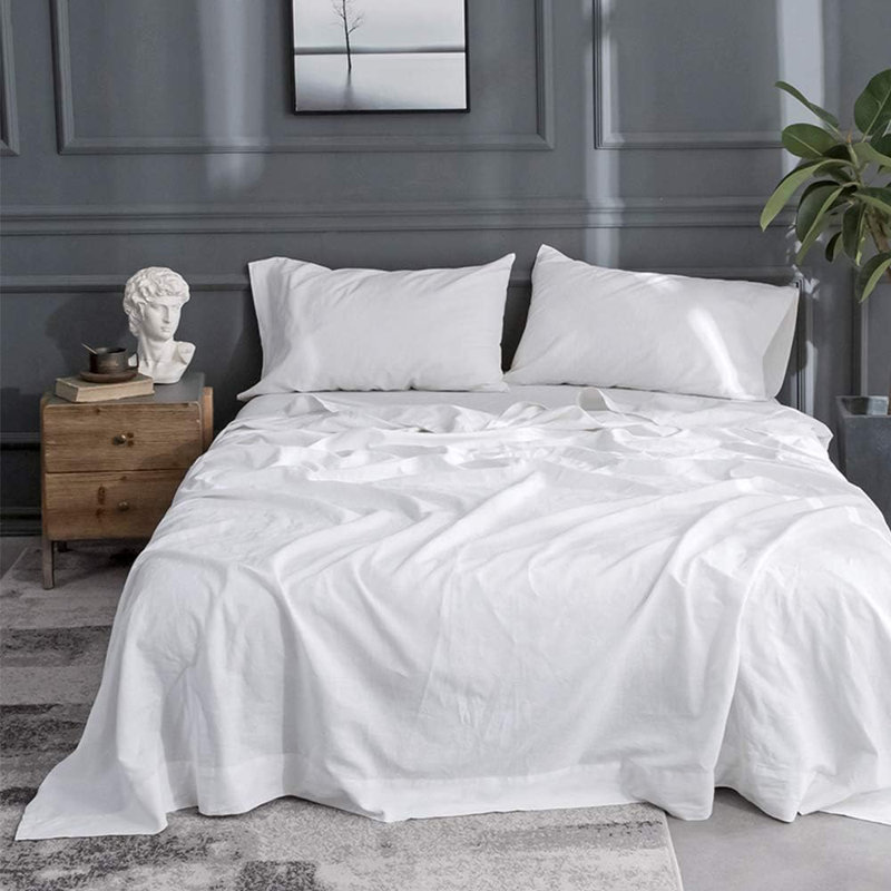 Belgian Linen Sheet Set Solid Color Natural Flax Cotton Blend Soft Breathable Farmhouse Bedding, White