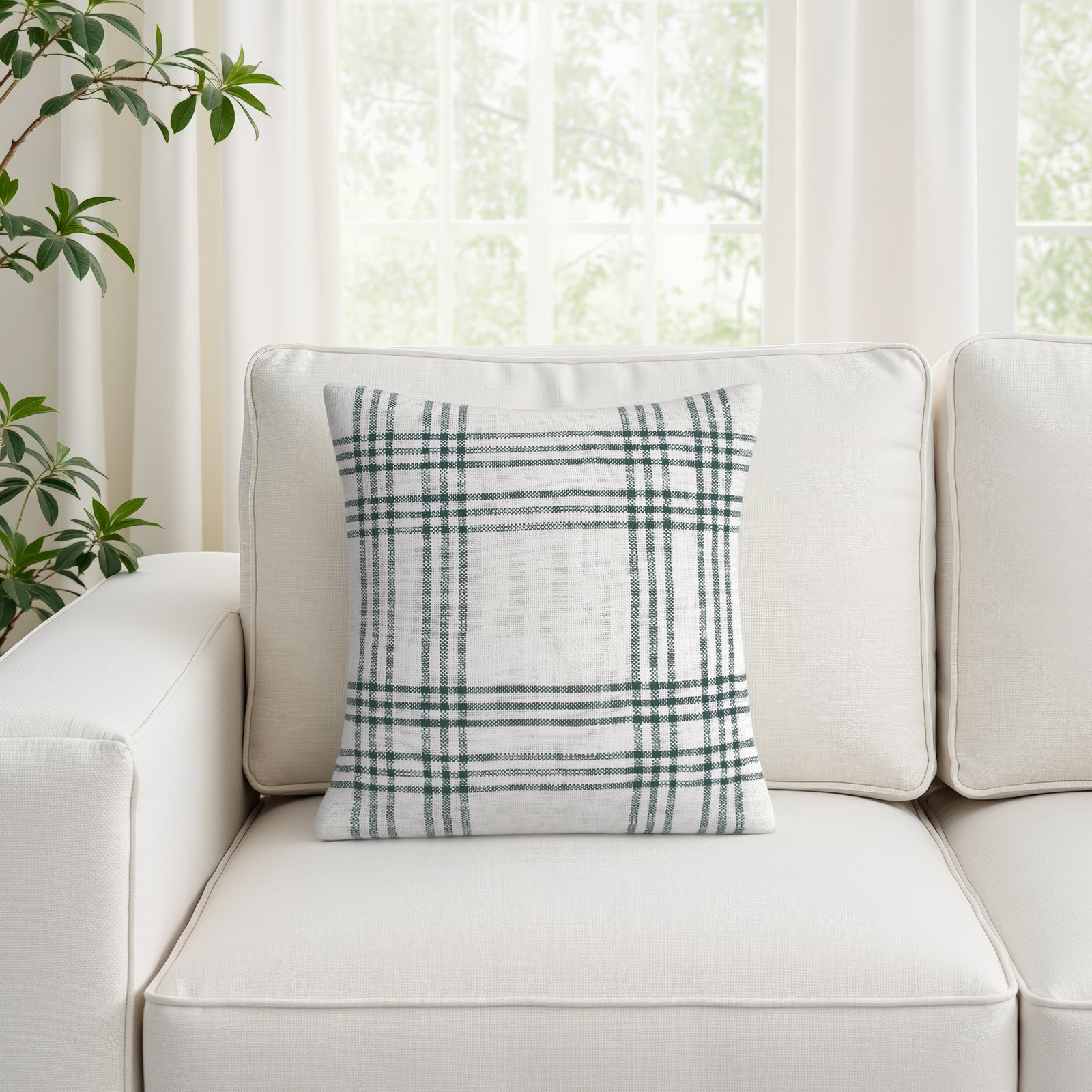 Attica Buttons Cotton Throw Pillow, Pine Green/Soft White