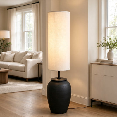 Lampe sur pied en céramique noire avec abat-jour cylindrique en tissu, grande lampe rustique pour salon, chambre à coucher