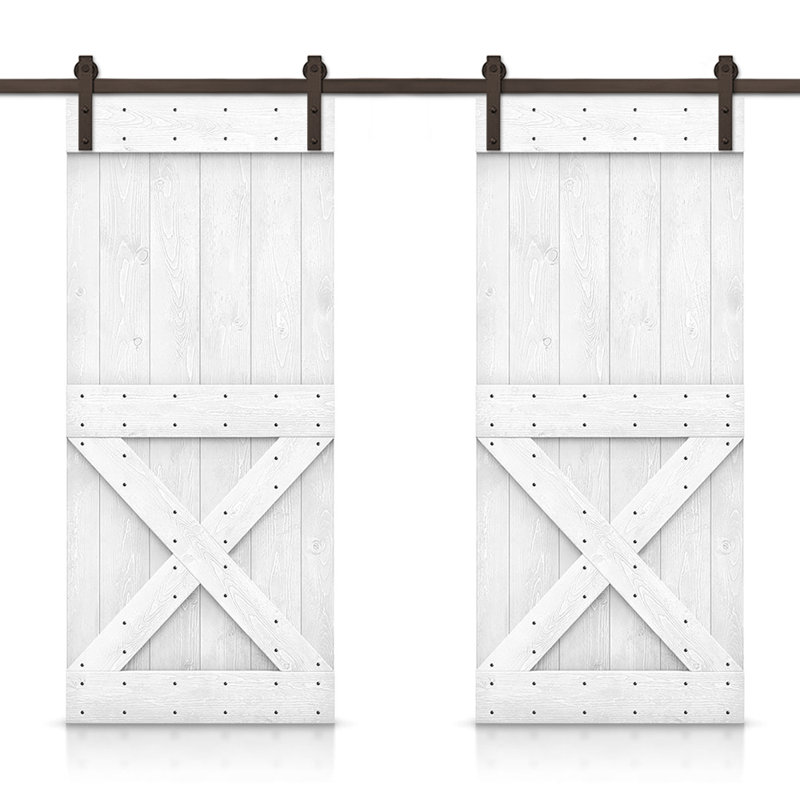 Porte de grange à panneaux et en bois avec quincaillerie d'installation, Blanc, 68 po x 84 po