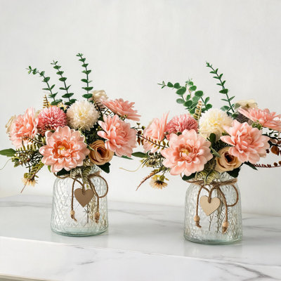 Rustic Faux Peony Bouquet in Diamond Pattern Glass Vase, Blush Pink Silk Flowers & Eucalyptus Greenery, Heart Twine Ornament for Kitchen, Shelf & Event Table Decor