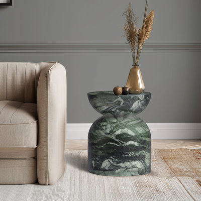 Marble Effect Side Table and Selene Stool with No Assembly for Indoor Outdoor Weatherproof Furniture Multi-Use Accent and Garden Table