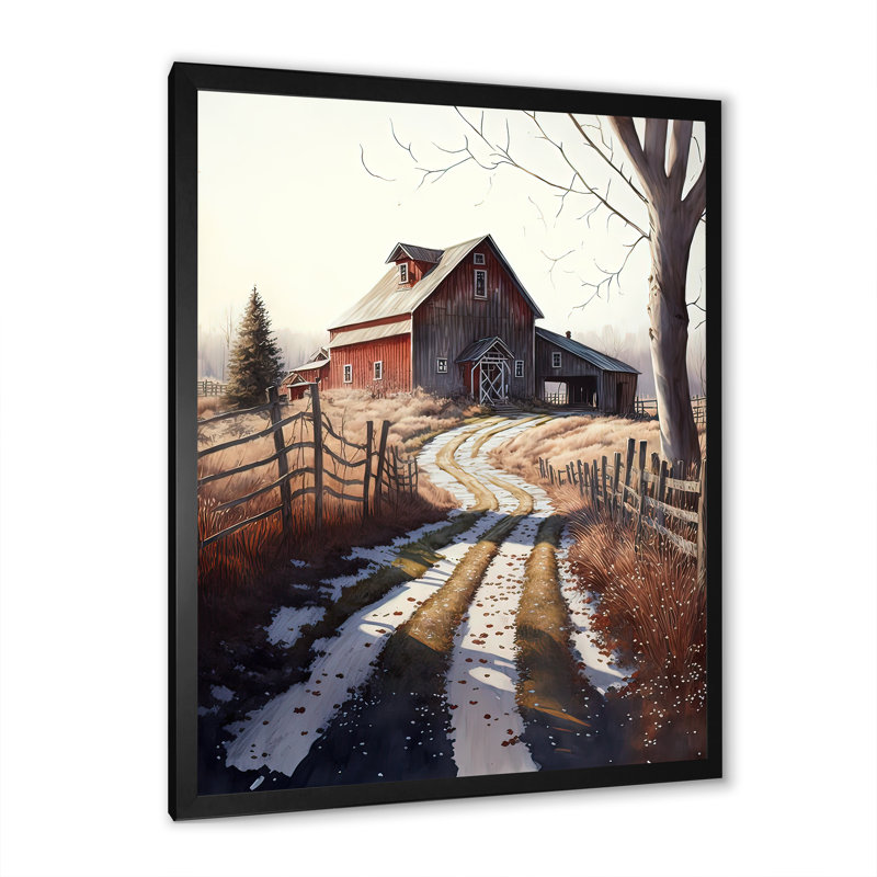Neige recouverte de sentier et grange - reproduction sur toile, Toile encadrée noire à coins fermés