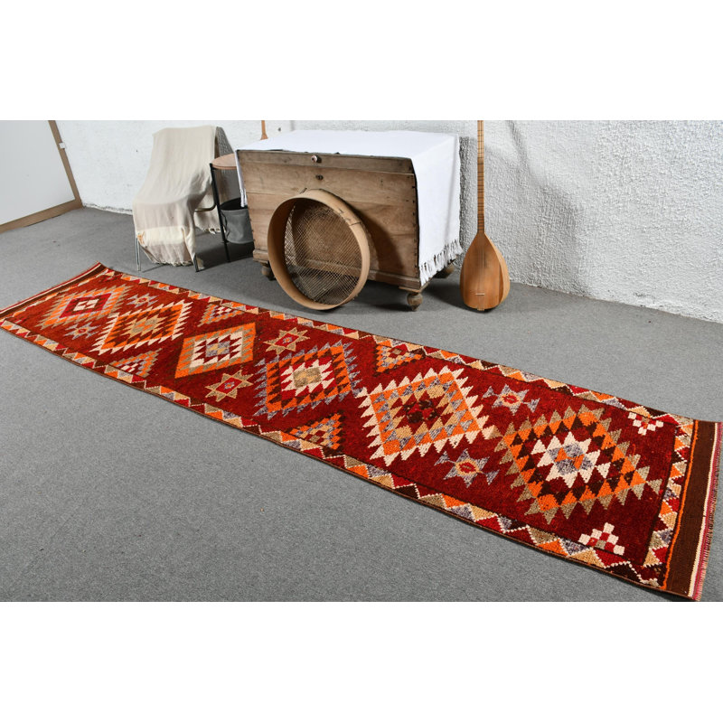 Chemin de table Kilim turc rétro vintage avec motif géométrique unique pour les maisons et les bureaux - rouge / orange