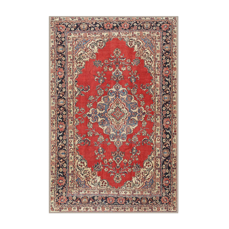 Tapis décoratif beige oriental/bleu/rouge, Rectangle 6 pi x 9 pi
