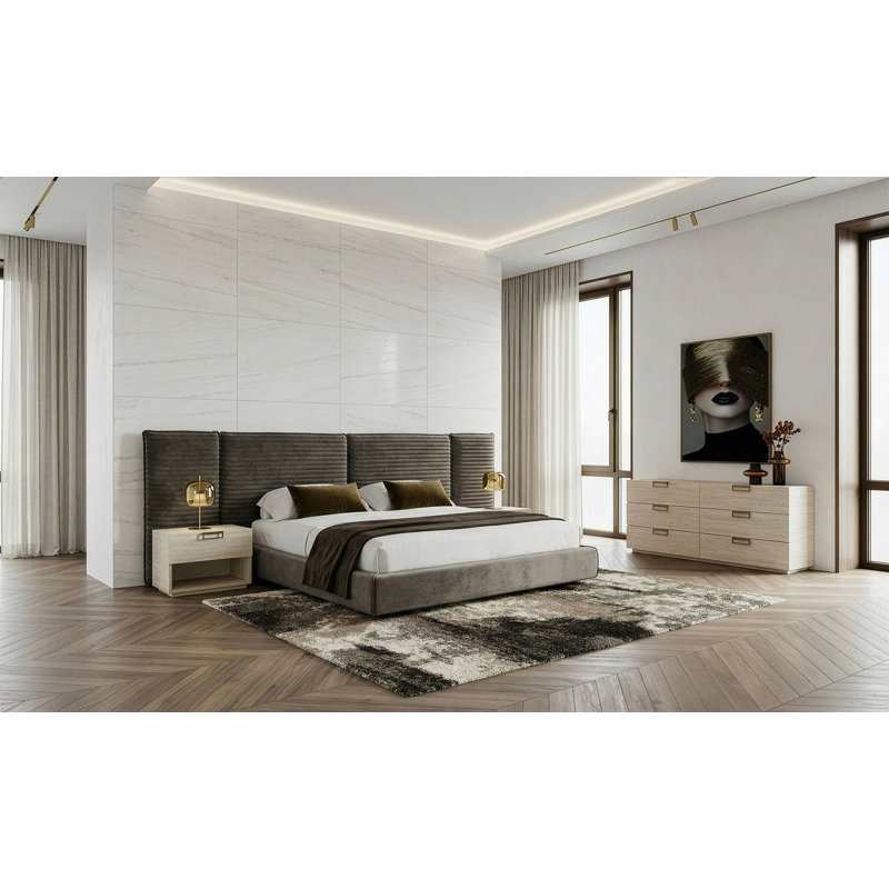 Ensemble de chambre à coucher 4 pièces en tissu taupe foncé moderne + faux travertin Nolte