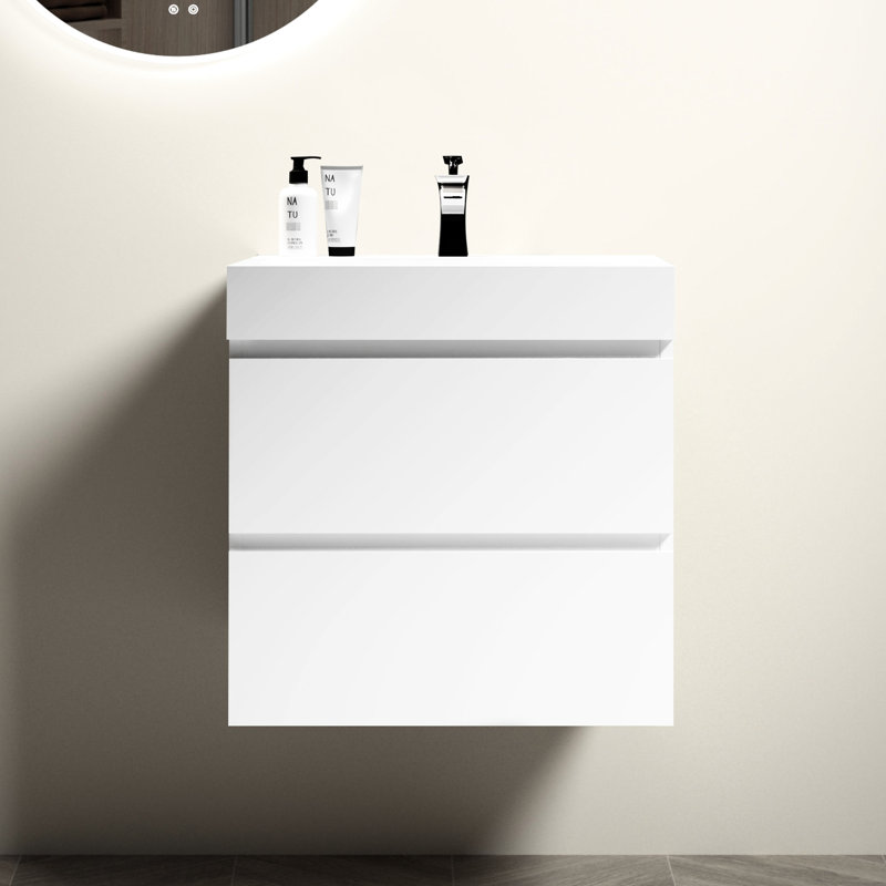 Élégant lavabo intégré à surface solide en blanc brillant - améliore l'esthétique de la salle de bain sans drain ni robinet avec option de finition contemporaine et non inclus
