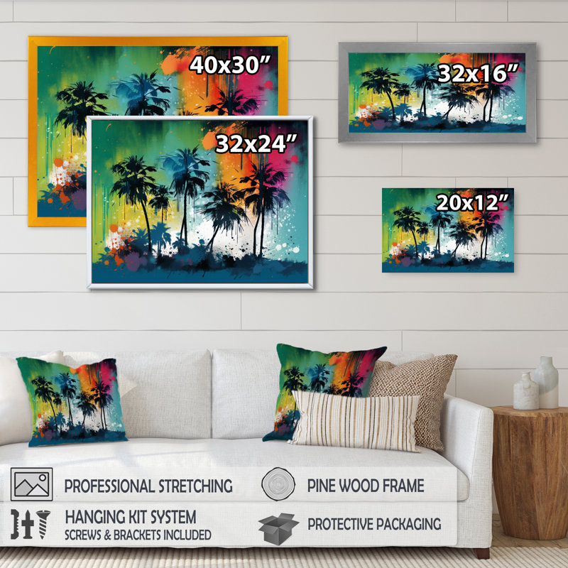 Vibrant Palm Trees I - Modern Landscape Beach, impressions sur toile, Impression noire sur toile encadrée