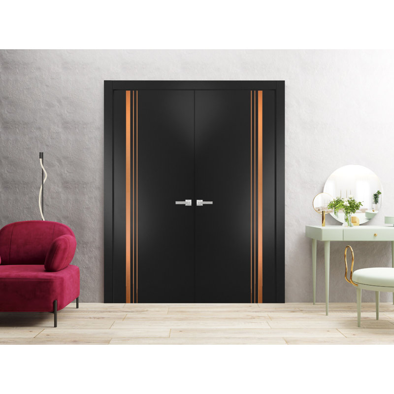 Portes françaises en bois manufacturé 1010, 72 po x 80 po, Noir mat